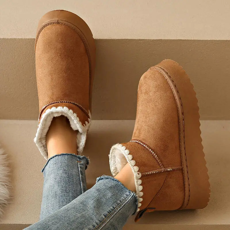 Mini Platform Stitch Women’s White Embroidered Winter Snow Boots – Warm & Non-Slip