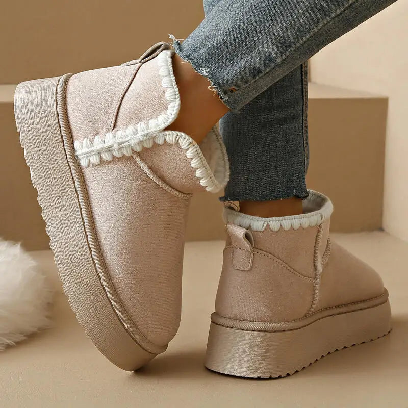 Mini Platform Stitch Women’s White Embroidered Winter Snow Boots – Warm & Non-Slip