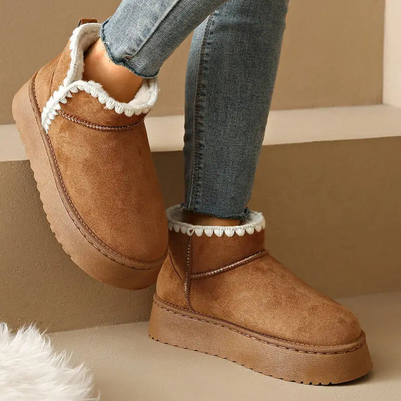 Mini Platform Stitch Women’s White Embroidered Winter Snow Boots – Warm & Non-Slip