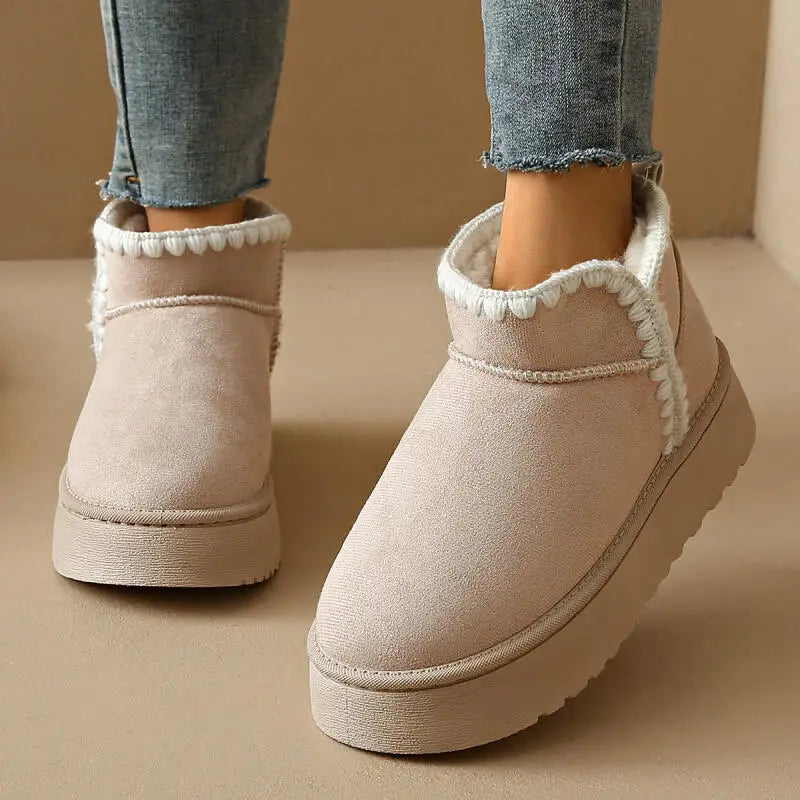 Mini Platform Stitch Women’s White Embroidered Winter Snow Boots – Warm & Non-Slip