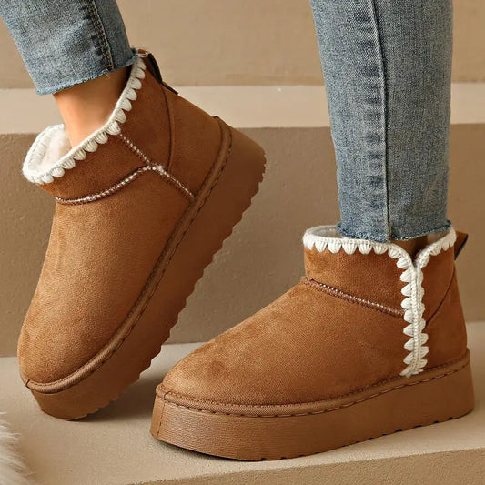 Mini Platform Stitch Women’s White Embroidered Winter Snow Boots – Warm & Non-Slip
