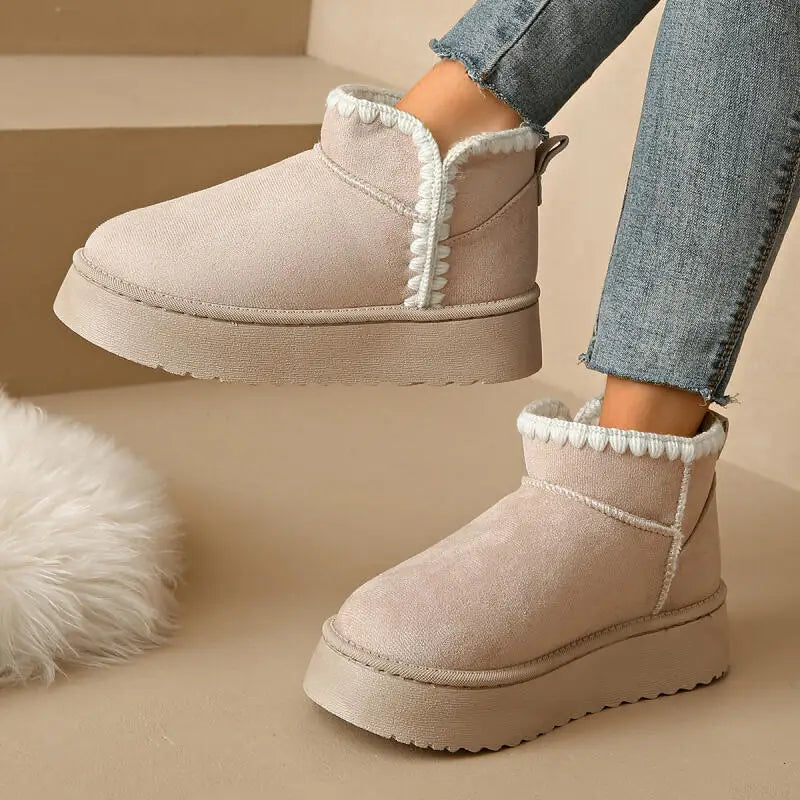 Mini Platform Stitch Women’s White Embroidered Winter Snow Boots – Warm & Non-Slip